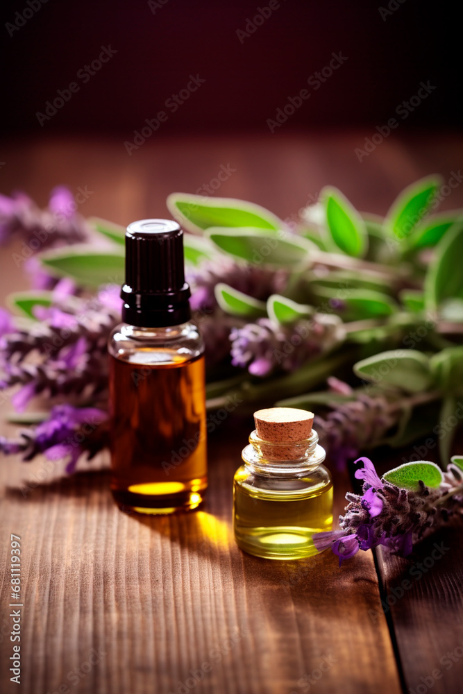 Sage essential oil in a bottle. Generative AI, Sage essential oil in a bottle. Generative AI,