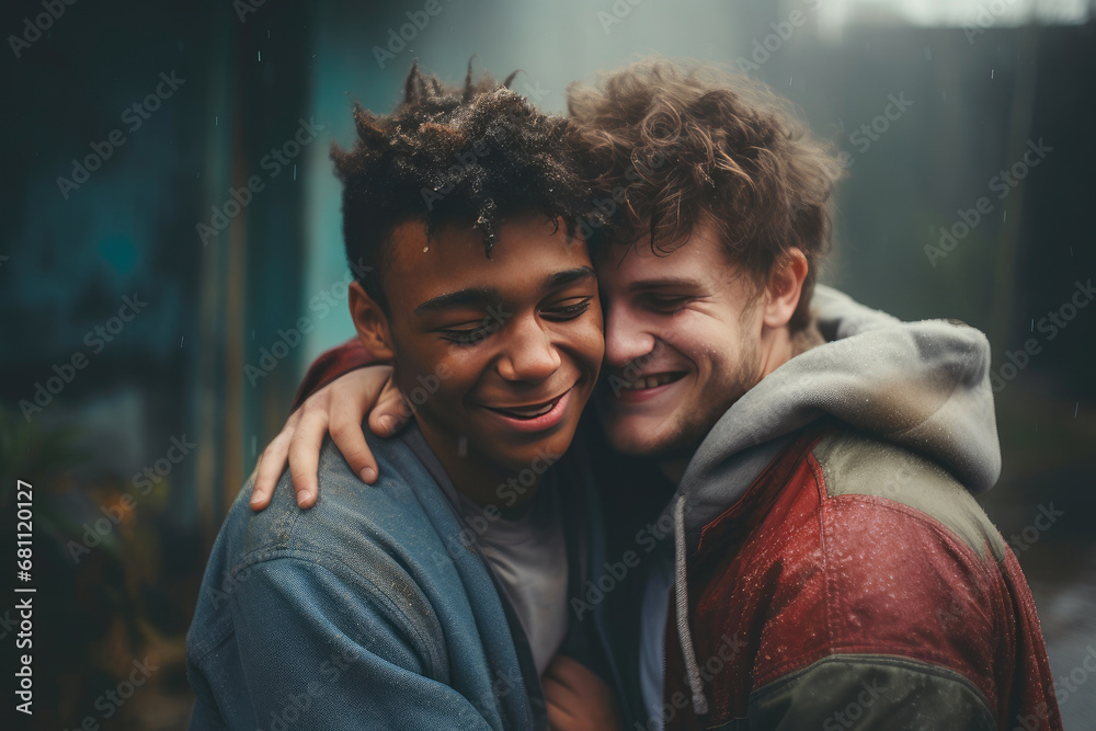 Obraz premium Brotherly Bond: Young Men in an Affectionate Hug