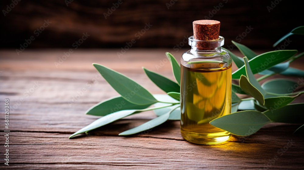 Eucalyptus essential oil in a bottle. Generative AI, Eucalyptus essential oil in a bottle. Generative AI,
