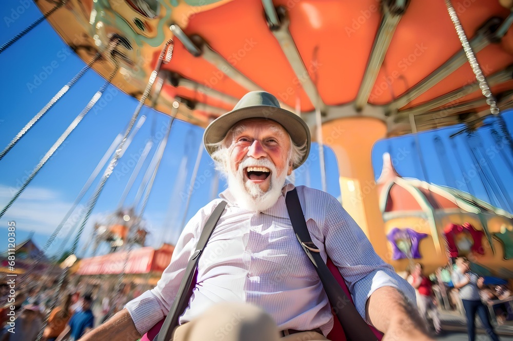 Senior man having fun on swing in amusement park