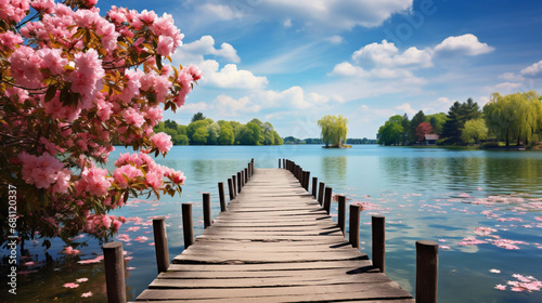 A wooden pier at spring with lake