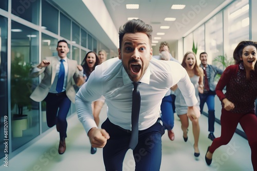 Excited businessman running across the finish line