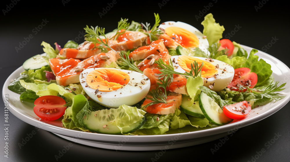 Fresh Salmon and Boiled Egg Salad with Mixed Greens, Cherry Tomatoes, Cucumber, and Dressing
