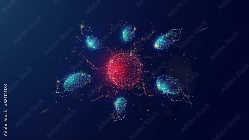 Abstract Animated Illustration of an Immune System Cells Fighting Virus Disease made of Neon Particles. 4K Looped Motion Graphic Background