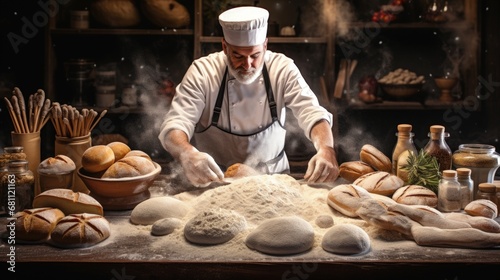 Young Hispanic chef wearing aprong uniform making bread bakery in bakehouse, baker worker man standing in kitchen preparing breads for customer, small business owner baking, food industrail business photo