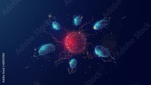 Abstract Animated Illustration of an Immune System Cells Fighting Virus Disease made of Neon Particles. 4K Looped Motion Graphic Background photo