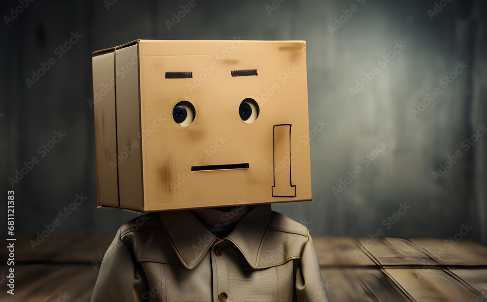 a man covering his face with a cardboard box, in the style of figure