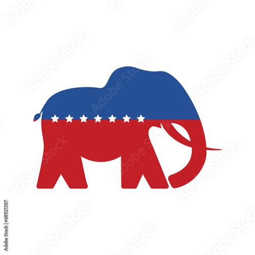 Elephant in american flag colors and stars, symbol of the republican party in the US. Animal silhouette, political sign.  Vector illustration isolated on white background
