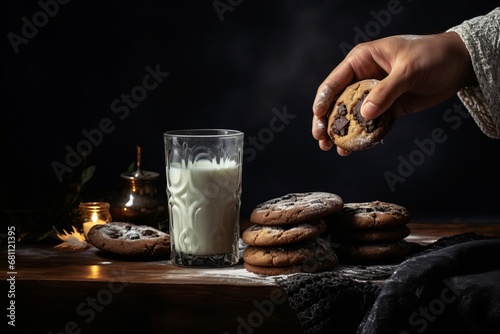 A child's hand holding oatmeal cookie with pieces of chocolate and glass of milk on a dark background. Christmas Treat for Santa photo