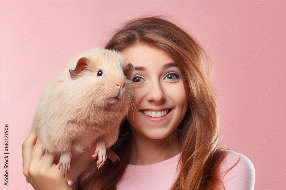 Smiling young woman holding a cute guinea pig Smiling young woman holding a cute guinea pig