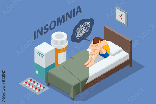 Isometric sleepy exhausted woman lying in bed, can not sleep. Insomnia. Sleeping pills, alarm clock, pillow. Frustrated woman in bed suffering insomnia