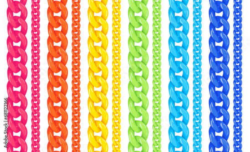 Set of rainbow colored plastic chains vector illustration isolated on white background, colorful modern bijouterie design, solid colors plastic chains, red yellow, blue green jewelry concept
