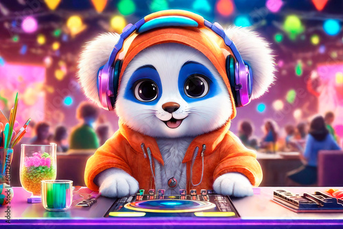 Portrait adorable animal DJ at the disco on headphones with mixing table setup. Cartoon animation character, anime style, 3d illustration.