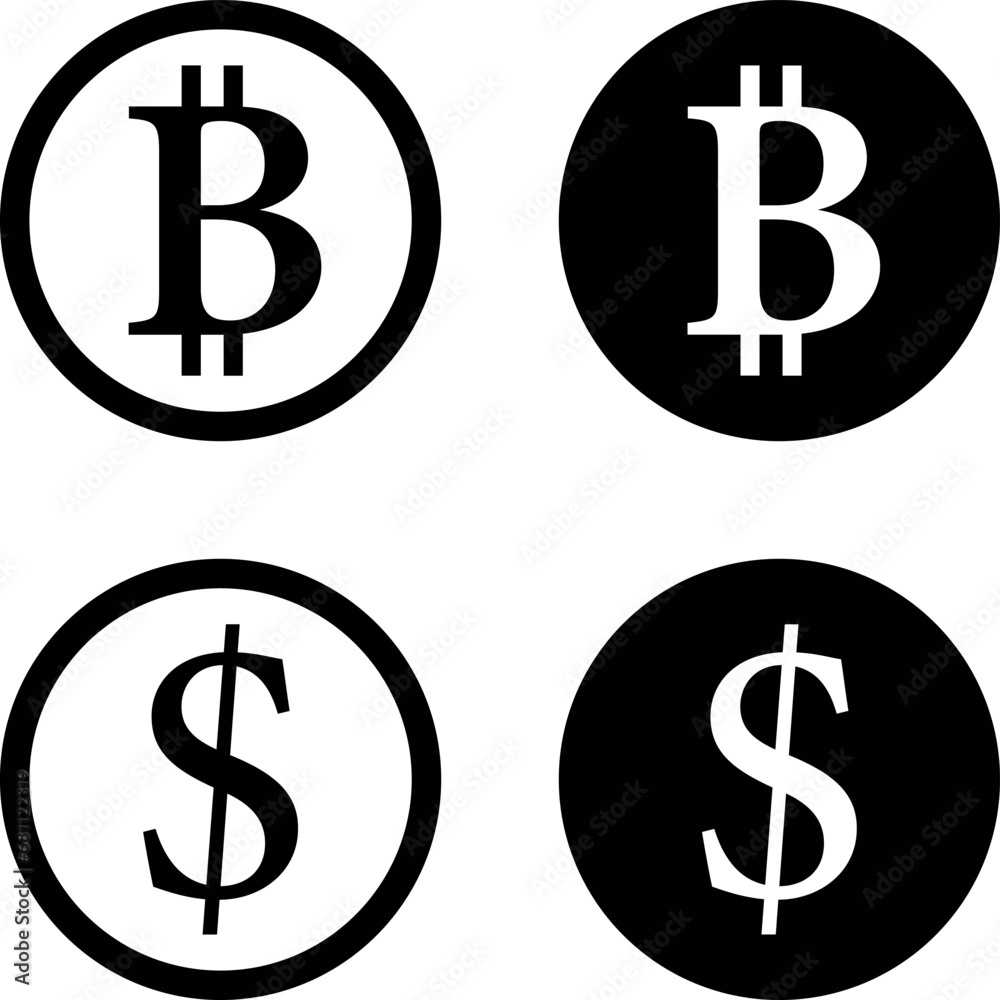 Bitcoin. Dollar. Currency icon. Flat coins. Simple black illustration. Bitcoin. Dollar. Currency icon. Flat coins. Simple black illustration.