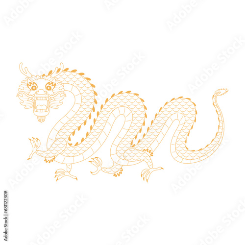 Asian zodiac sign, Chinese dragon character outline illustration. Gold outline for dark backgrounds. 2024 Lunar New Year hand drawn vector. Asian style design. Element for traditional holiday decor
