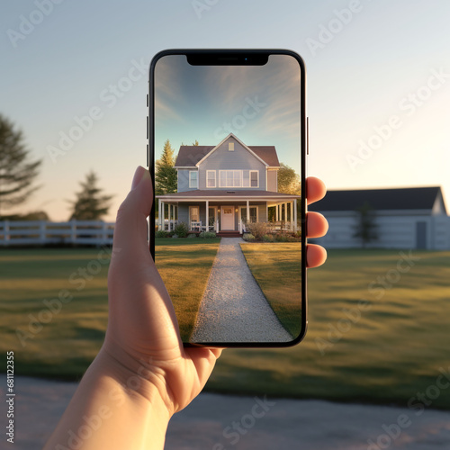Hand holding Smartphone taking Picture of a Gorgeous Farmhouse in the Summer