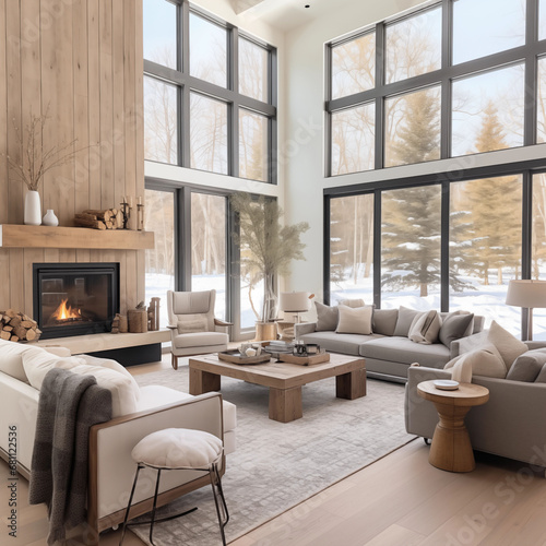 Bright, Modern, Beautifully Furnished Living Room, Neutral Colour Pallette, Light Fireplace in Winter 