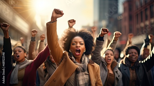 Women's Day. Group of united African American women claiming their power in the streets Generative AI photo