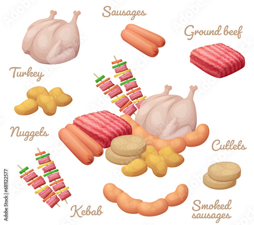 Meat products vector icons set isolated on white background. Chilled semi-finished food collection of ground meat, cutlets raw kebab, nuggets turkey sausages. Semi-products cartoon illustration of