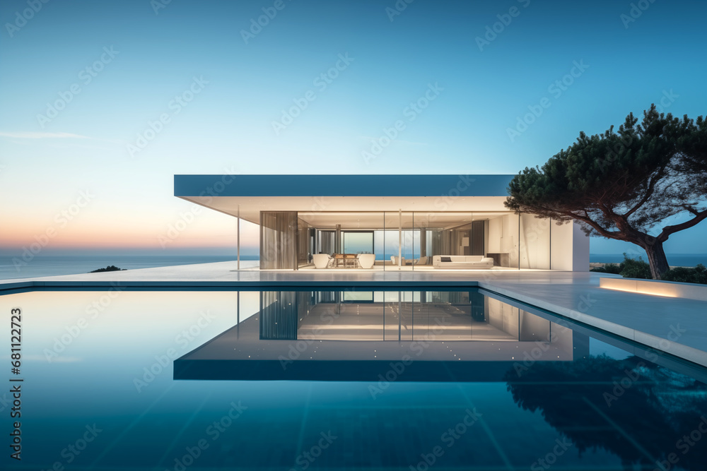 Exterior of modern minimalist white villa with pool. A luxurious house located on the coast of the ocean. An example of modern architecture and design. Generative AI.