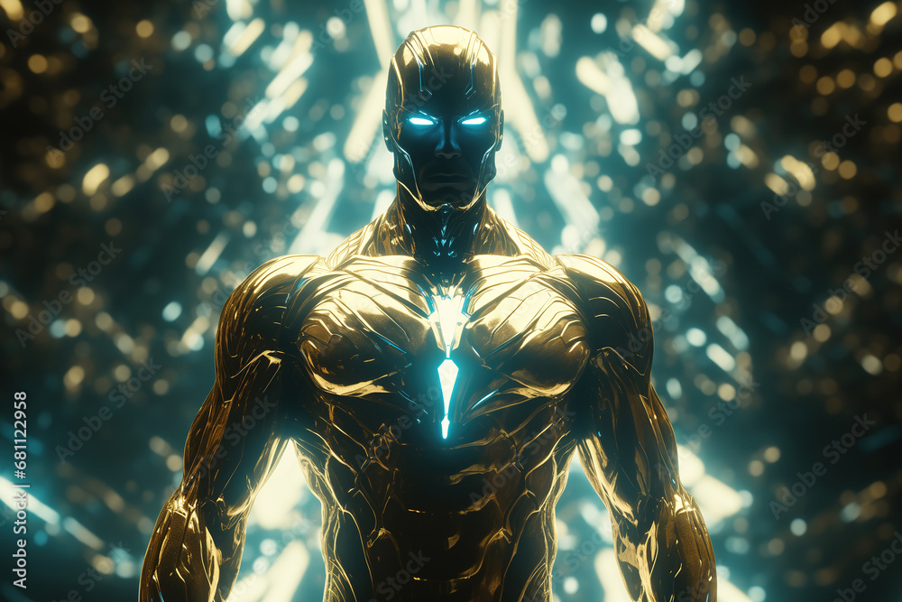 custom made wallpaper toronto digitalSuper hero in gold metal suit, yellow glowing energy streaks. Blurred motion. Generative art