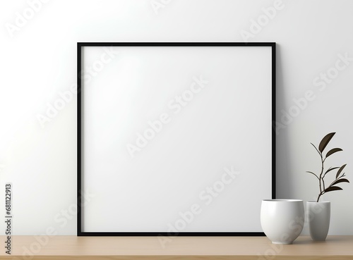 An empty white frame on the table, in the style of minimalism, a template for design, an interior item.