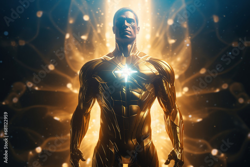 Super hero in gold metal suit, yellow glowing energy flows. Blurred motion. Generative art