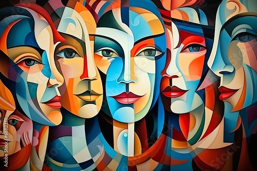An illustration with a variety of people, a lot of abstract faces painted on a colorful background, a flat composition, a multi-layered composition.