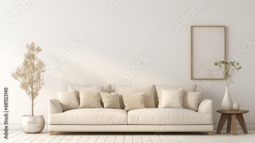 interior design of modern living room with beige fabric sofa and cushions. White wall with frame and space for text  living  furniture