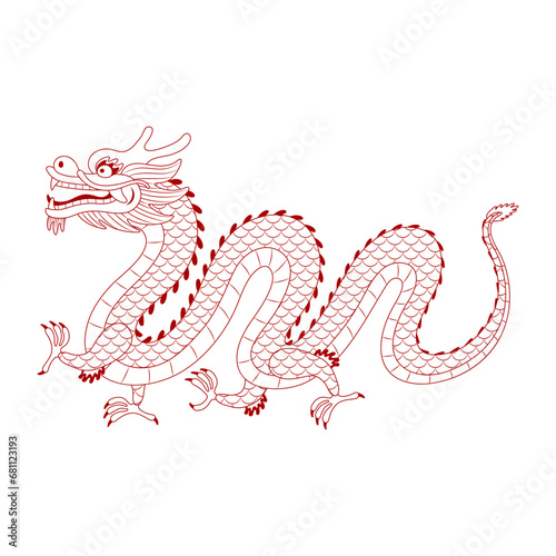 Asian zodiac sign  Chinese dragon character outline illustration. 2024 Lunar New Year hand drawn vector. Asian style design. Element for traditional holiday card  banner  poster  decor