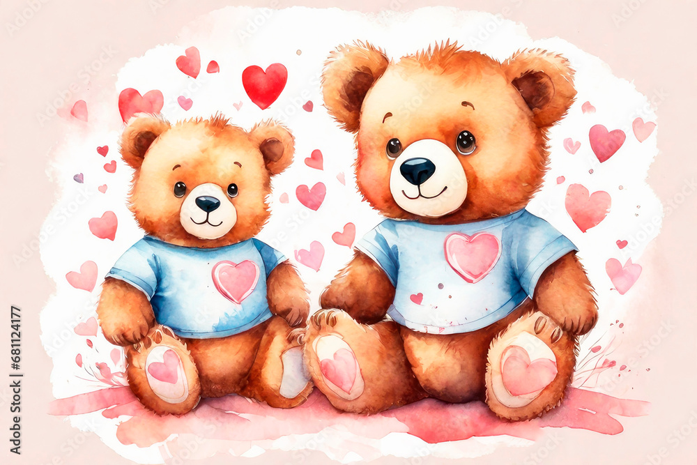 Happy valentine's greeting card with very cute bears, cartoon character. Watercolor.