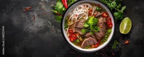 Vietnamese and Asian cuisine. Pho Bo traditional Soup with beef on dark backround. Close up. Generative ai