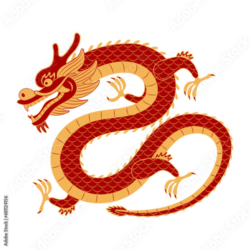 Asian zodiac sign  Chinese dragon character line art illustration. 2024 Lunar New Year hand drawn vector. Asian style design. Element for traditional holiday card  banner  poster  decor
