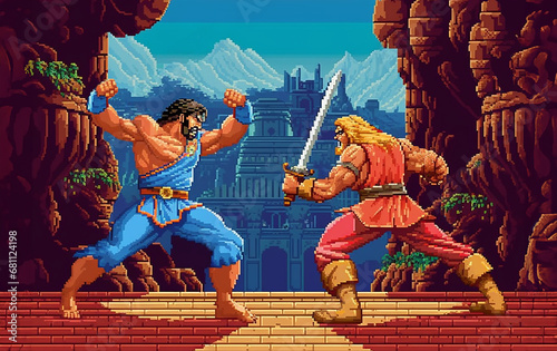 8bit Pixel Darstellung alter Computerspiele. Kämpfer, Helden und Monster photo