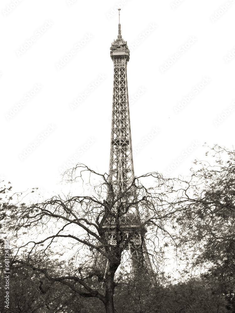 View of Eiffel tower on a day. Close-up. Paris. France.