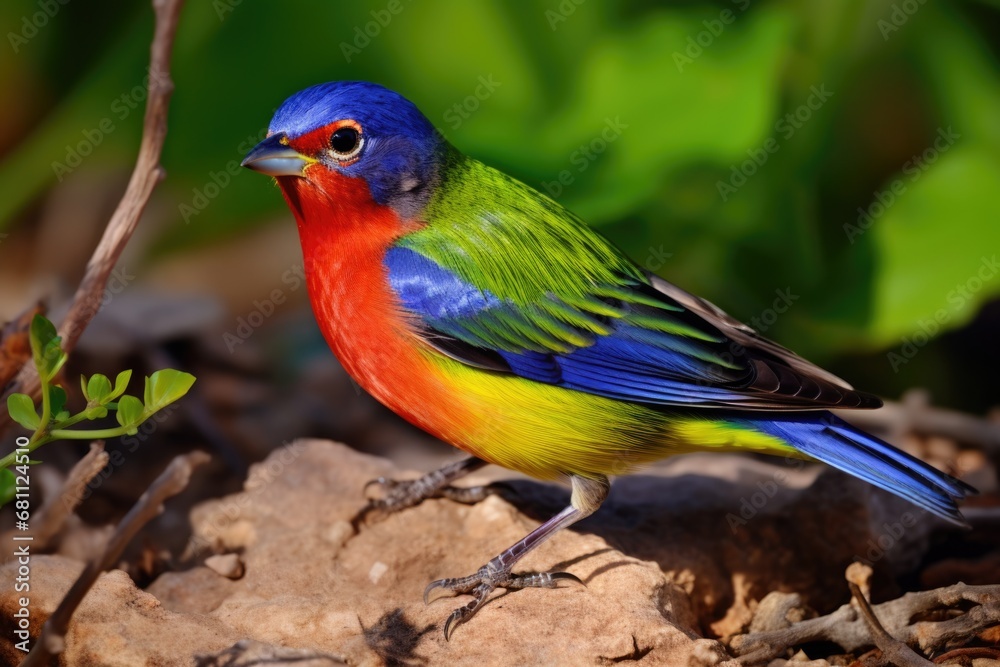 Male Painted Bunting Foraging in Wild Habitat of Texas, US - Perched Songbird with Many-Coloured Feathers