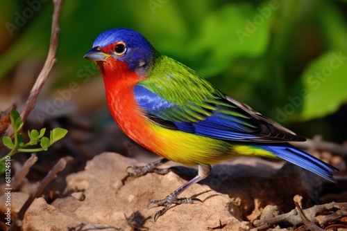 Male Painted Bunting Foraging in Wild Habitat of Texas, US - Perched Songbird with Many-Coloured Feathers © AIGen