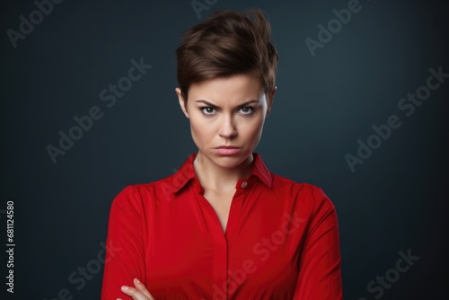 Passive Expression of Business Woman in Red: A Confused and Uncertain Girl with Disregard and Questioning Look photo