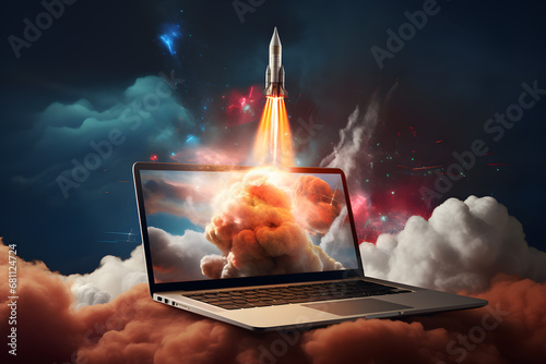 Rocket coming out of laptop screen. Innovation and creativity concept photo