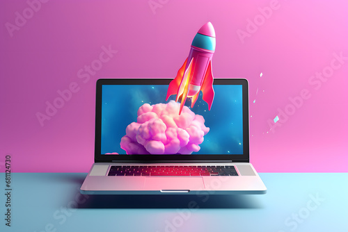 Rocket coming out of laptop screen. Innovation and creativity concept photo