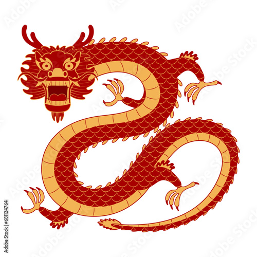 Asian zodiac sign, Chinese dragon character line art illustration. 2024 Lunar New Year hand drawn vector. Asian style design. Element for traditional holiday card, banner, poster, decor