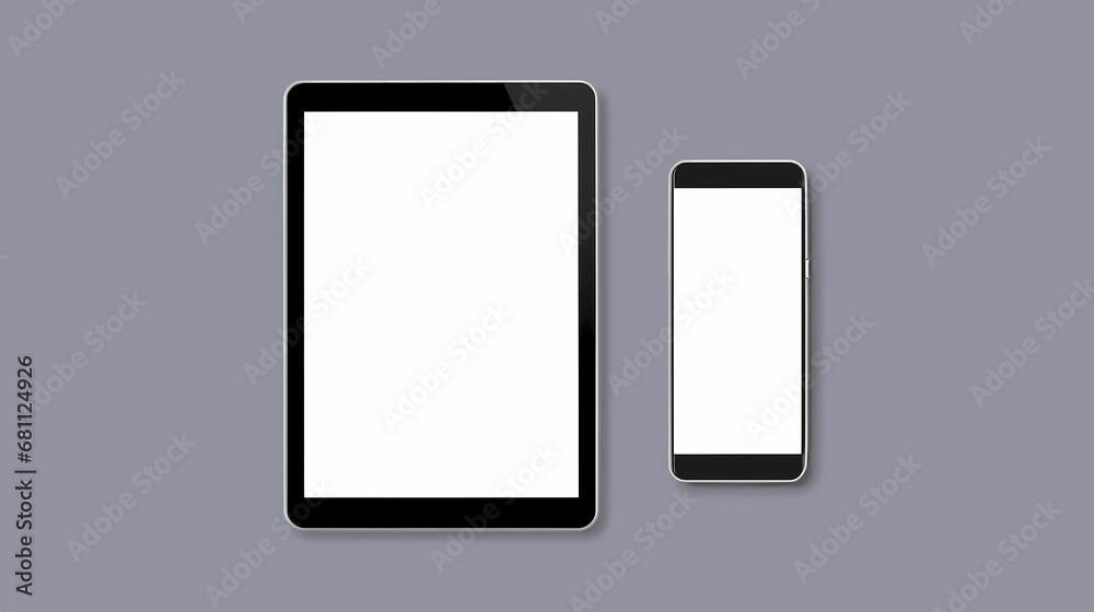 Tablet and cellphone mockup with blank screens to add contents. Gray background.