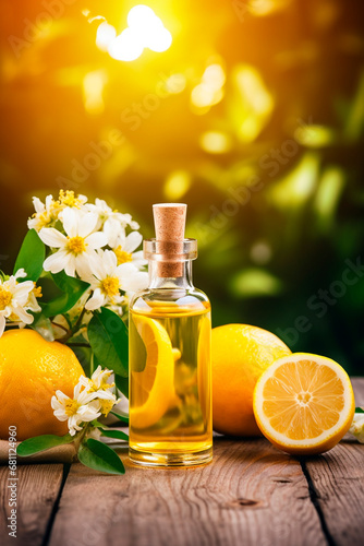 Lemon essential oil in a bottle. Generative AI,