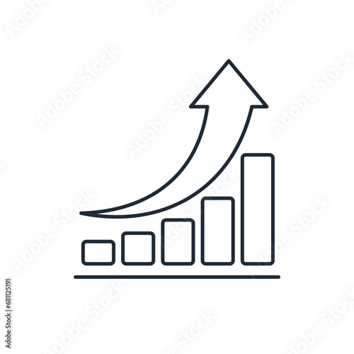 Bar chart with rising exponential trend and arrow negative dynamic.  Vector linear illustration icon isolated on white background.