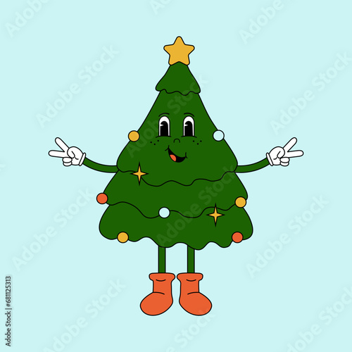 Groovy Christmas tree. 70s groovy square poster. Retro print with hippie fun Christmas tree.