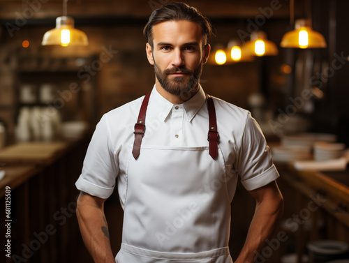 Male chef wearing mockup of blank empty white apron in the kitchen of restaurant, template for shop branding identity