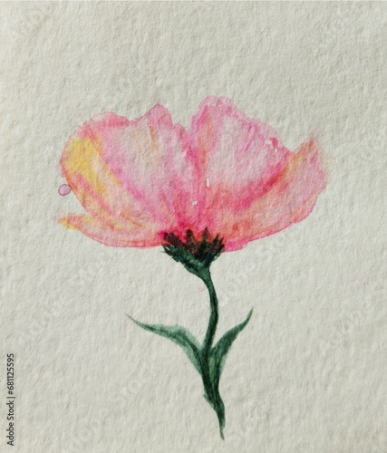 Watercolor pink flower on watercolor paper