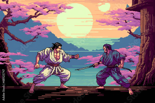 8bit Pixel Darstellung alter Computerspiele. Kämpfer, Helden und Monster photo
