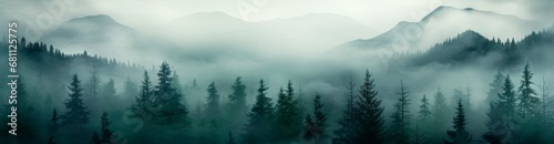panoramic green foggy forest mountain landscape with pine trees fog and mountains, wallpaper banner, copy space for text