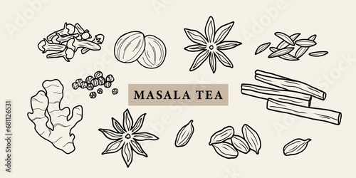 Line art masala tea spices illustration